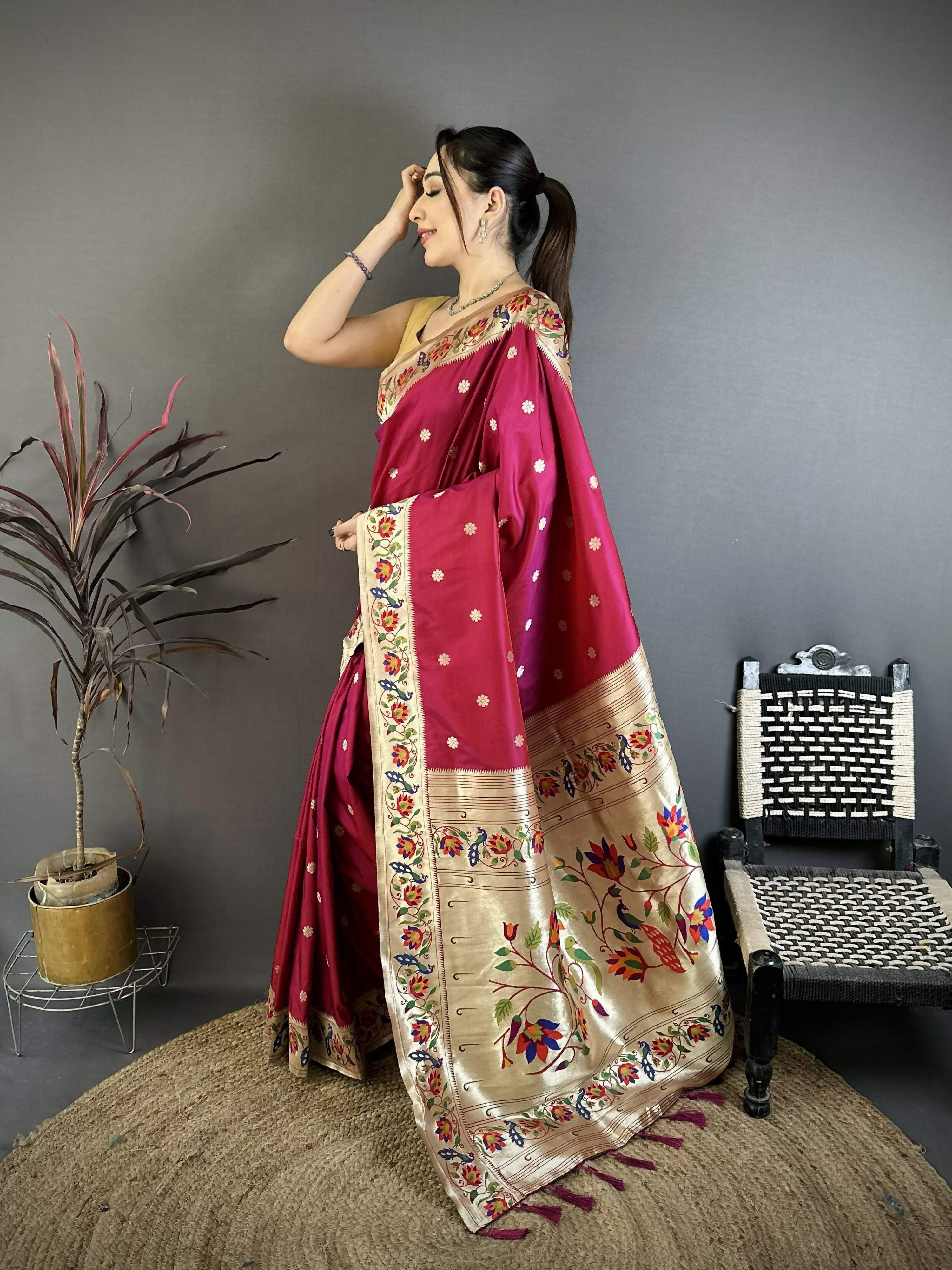 Prime Volt Premium Soft Silk Mayur Paithani Saree with Peacock Meena Weaving & Rich Pallu-Deep Maroon | Grocsy