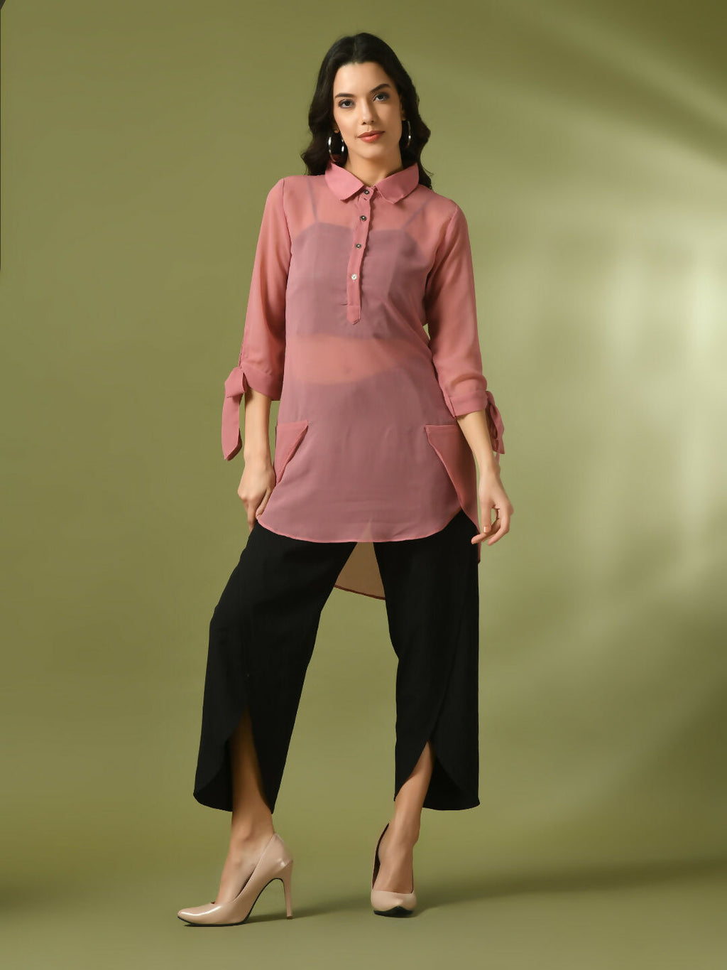 Myshka Women's Pink Solid Georgette Longline Party Sheer Tunic | Grocsy