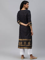 Yufta Women Navy Blue Golden Print Kurta | Grocsy