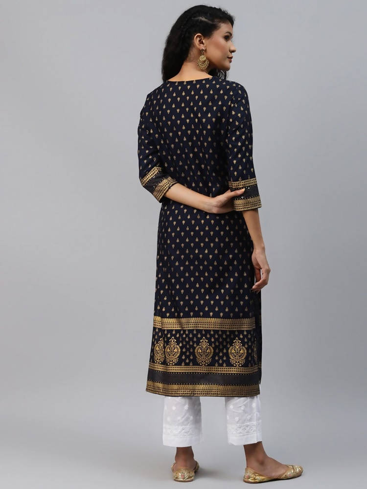 Yufta Women Navy Blue Golden Print Kurta | Grocsy