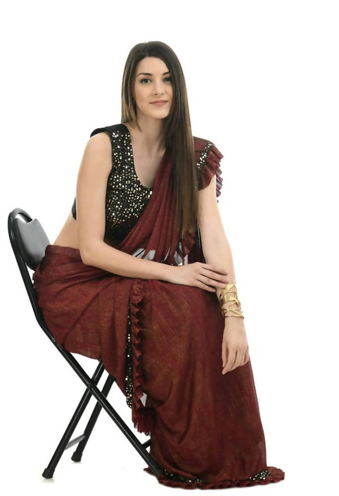 Mominos Fashion All Season Wear Rust And Black Ruffled Ready To Wear Saree | Grocsy