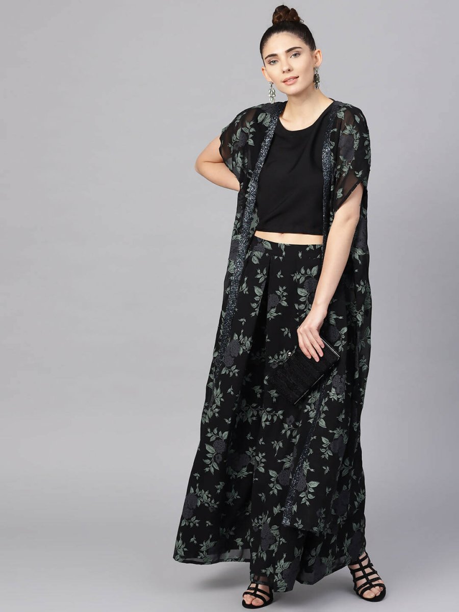 Ahalyaa Black Georgette Crepe Printed Top Palazzo Set With Jacket | Grocsy