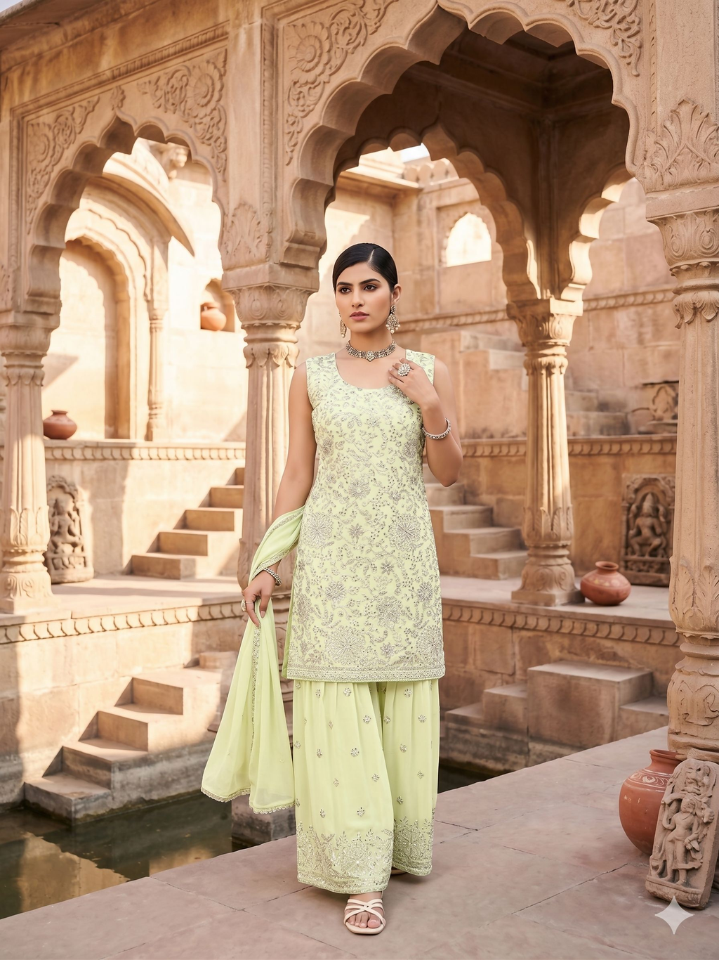 Teeya Creation Womens Georgette Green Embroidered Sharara Set With Sequence Work And Lace Border Dupatta | Grocsy