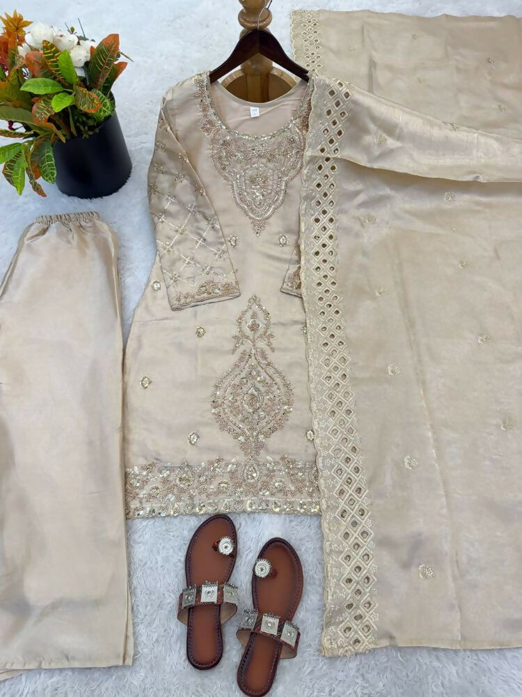 Teeya Creation Cream Color Gimmychu Silk Embroidery Work Wedding Wear Salwar Suit | Grocsy