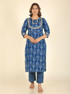 Aramya Straight Soft Cotton Ikat Print Women's Kurta - Blue | Grocsy
