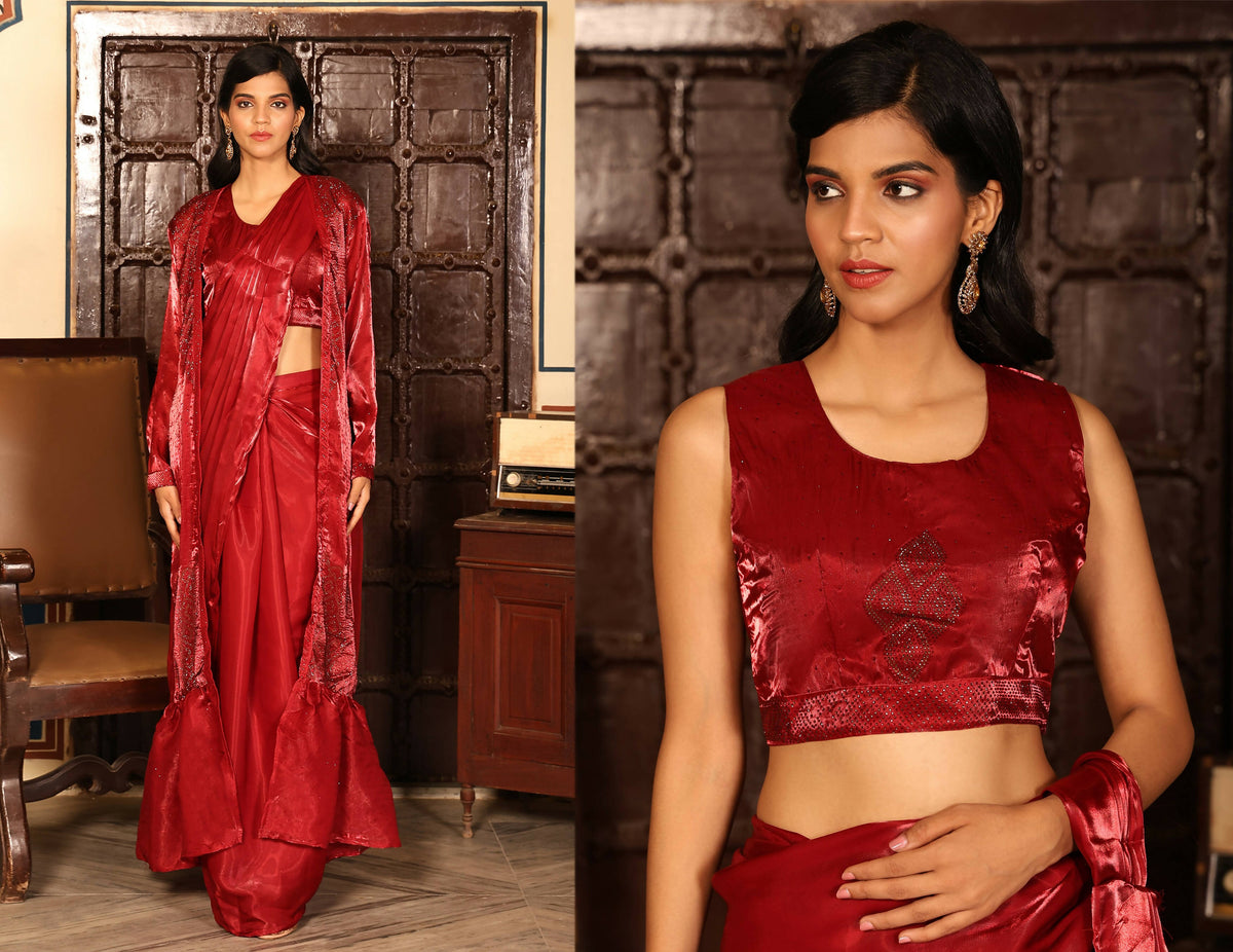 Red Tom Silk Plain Ready To Wear Saree With Stitched Blouse - Satiksha | Grocsy
