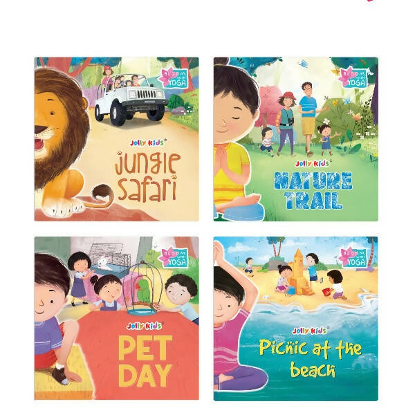 Jolly Kids Bloom With Yoga Books For Kids| Set of 4| Ages 3 - 7 Year| Yoga in Different Places Like Jungle, Beach, Schools, Gardens etc. | Grocsy