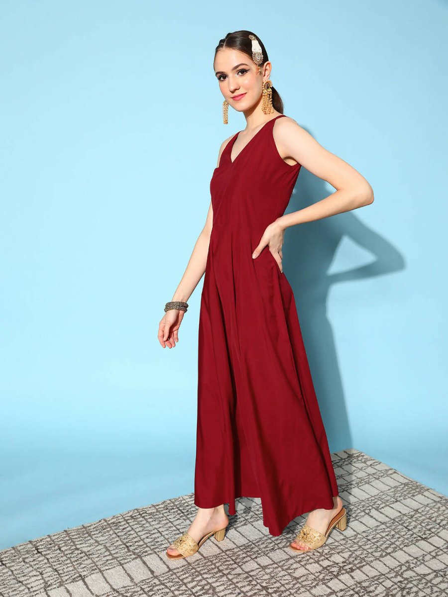 Ahalyaa Women Beautiful Maroon Crepe Brocade Ethnic Dress | Grocsy