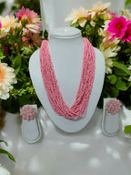 Inhanns Vibrant Handmade 20 Layers Beaded Necklace With Matching Earrings - Light Pink | Grocsy