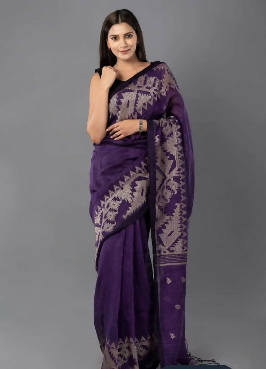 Exclusive Collection Deep Purple Beautiful Linen Jamdani Saree | Grocsy