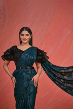 Teal Pattern Georgette Handwork & Lace with kardana work Saree With Stitched Blouse - Mohmanthan Elegancia | Grocsy