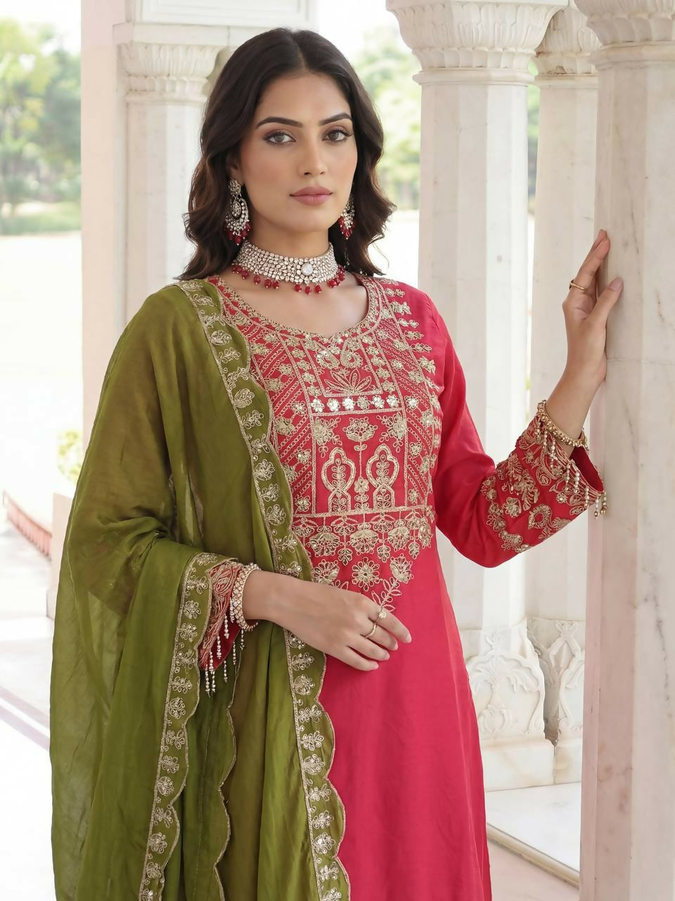 Teeya Creation Rani Chinon Silk Designer Wedding Wear Embroidery Work Palazzo | Grocsy