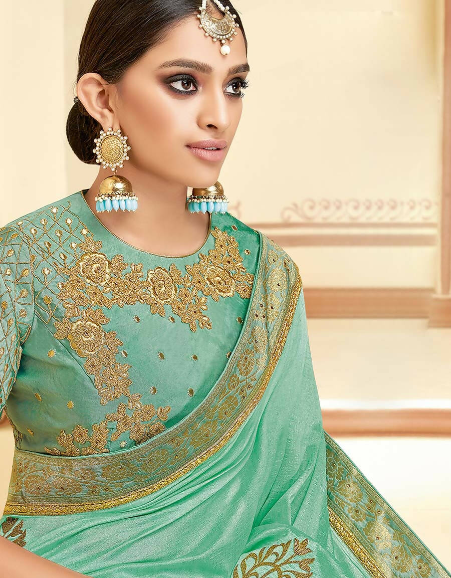 Pista Green Silk Zari And Cord Embroidery, Laser Cut Buttas, Tassels Saree - Norita Alankrita | Grocsy