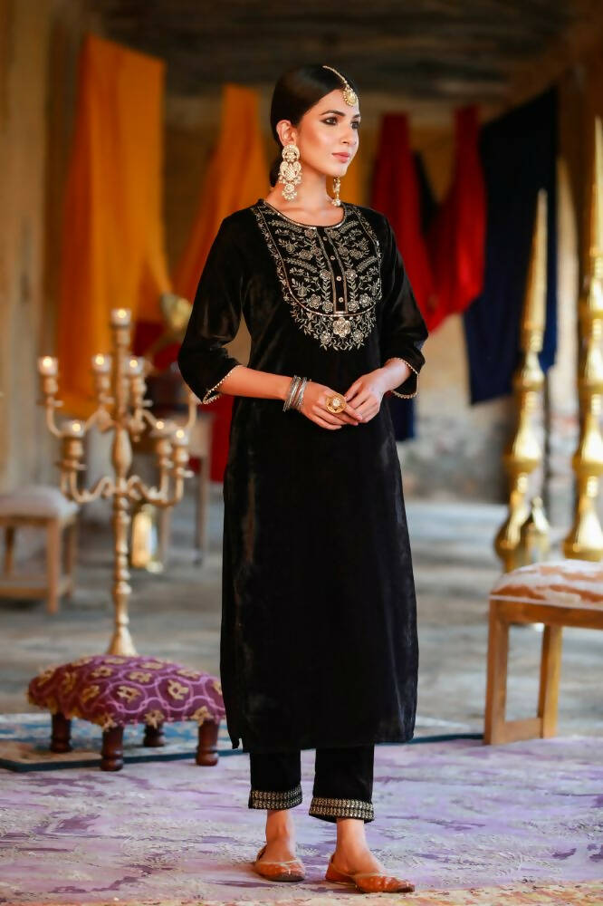 Juniper Women Black Velvet Embroidered Straight Kurta Sets | Grocsy