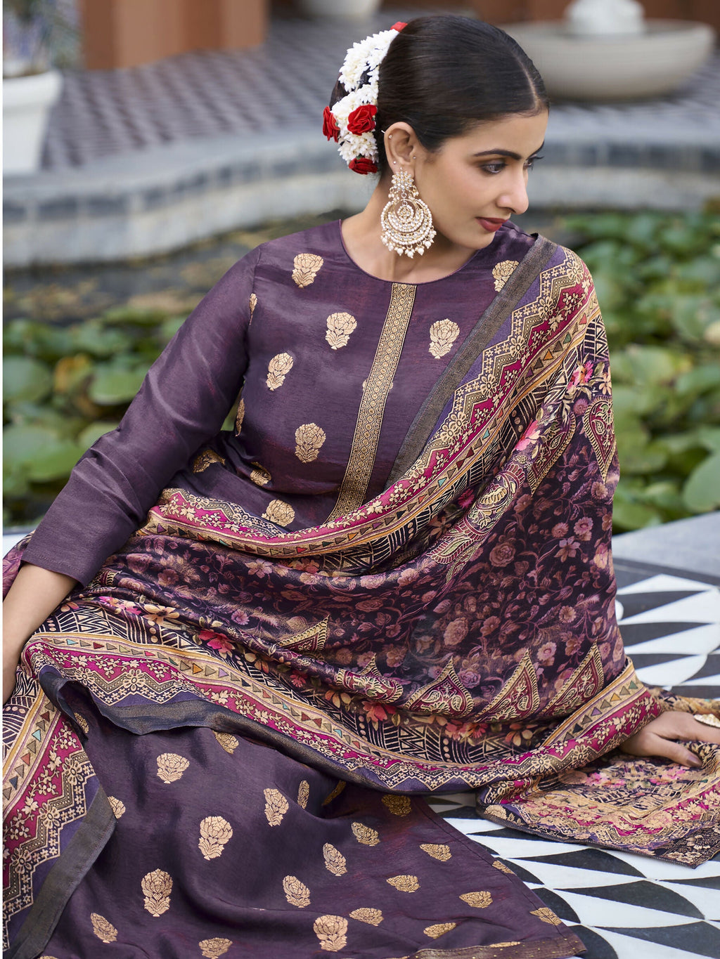 Jyoti Fashion Women's Purple Pure Silk Elegant Jacquard Woven Kurta with Trouser & Dupatta | Grocsy