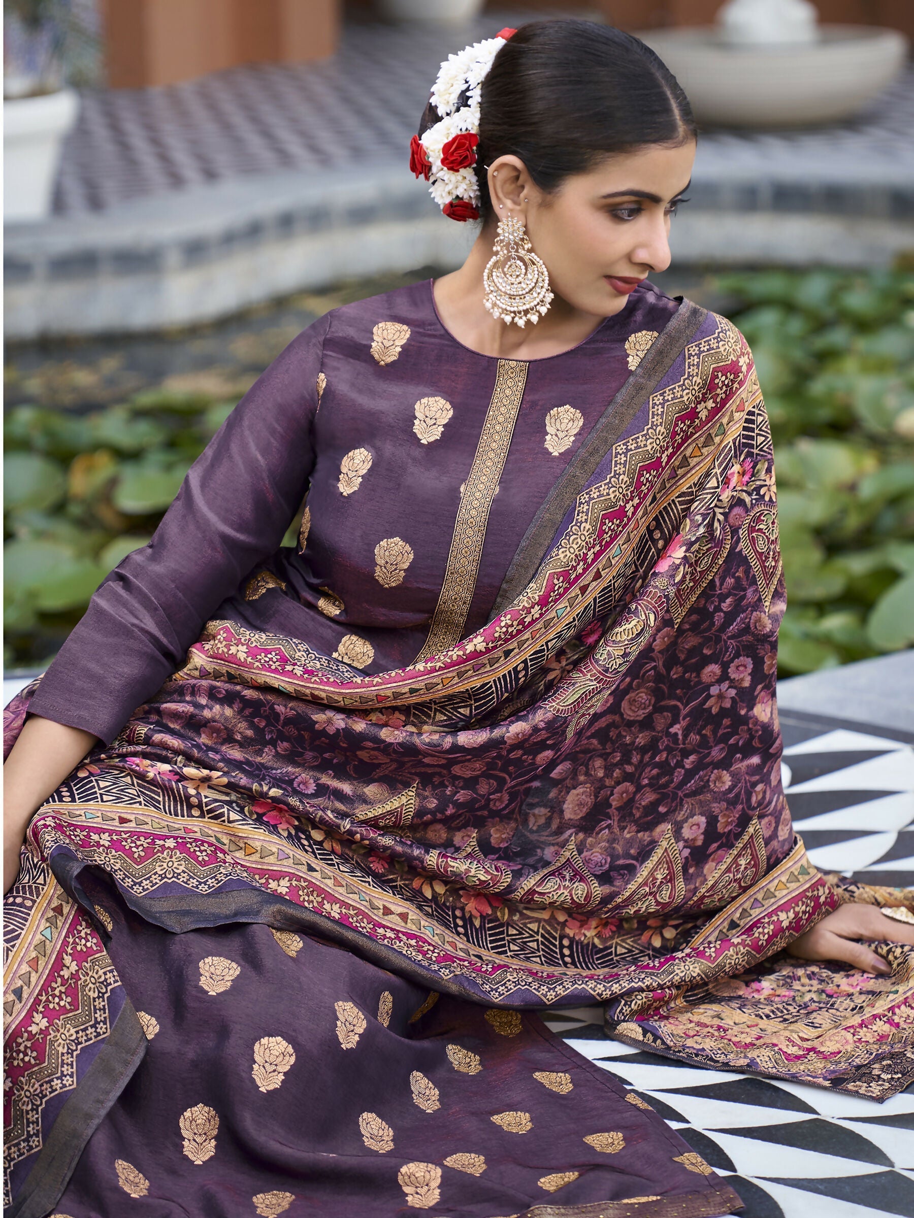 Jyoti Fashion Women's Purple Pure Silk Elegant Jacquard Woven Kurta with Trouser & Dupatta | Grocsy