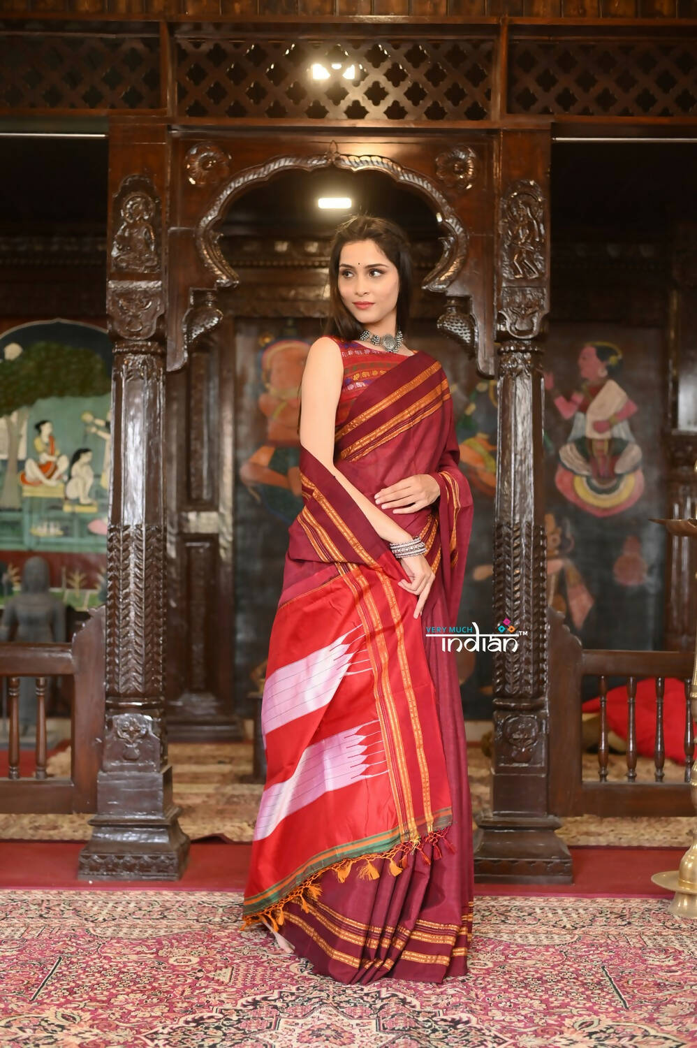 Very Much Indian Handloom Cotton Viscose Ilkal Saree Bright Maroon With Red Border | Grocsy