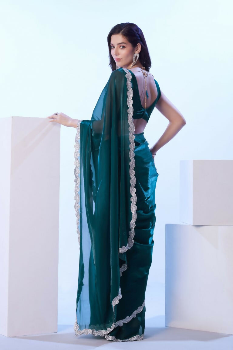 Teal Blue Satin Jimmy Choo Solid Designer & Lace Work Saree - Samaa | Grocsy