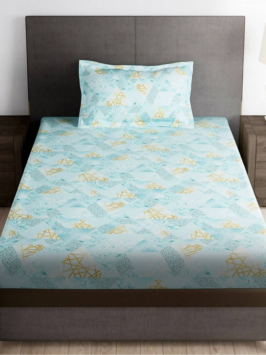 Story@home Arena Blue & Gold-Toned Printed 180 TC Bedsheet & Pillow Covers | Grocsy