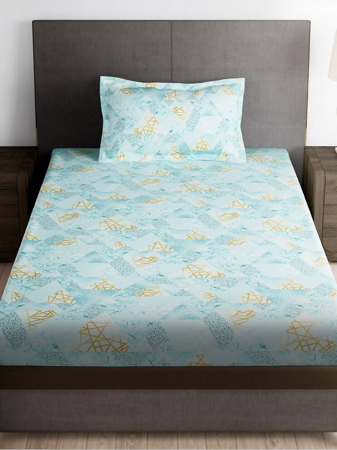 Story@home Arena Blue & Gold-Toned Printed 180 TC Bedsheet & Pillow Covers | Grocsy