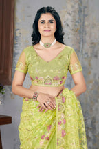 Vastranavya Soft Crush Georgette With Embroidery and Foil Multi Thread Work Saree - Light olive | Grocsy