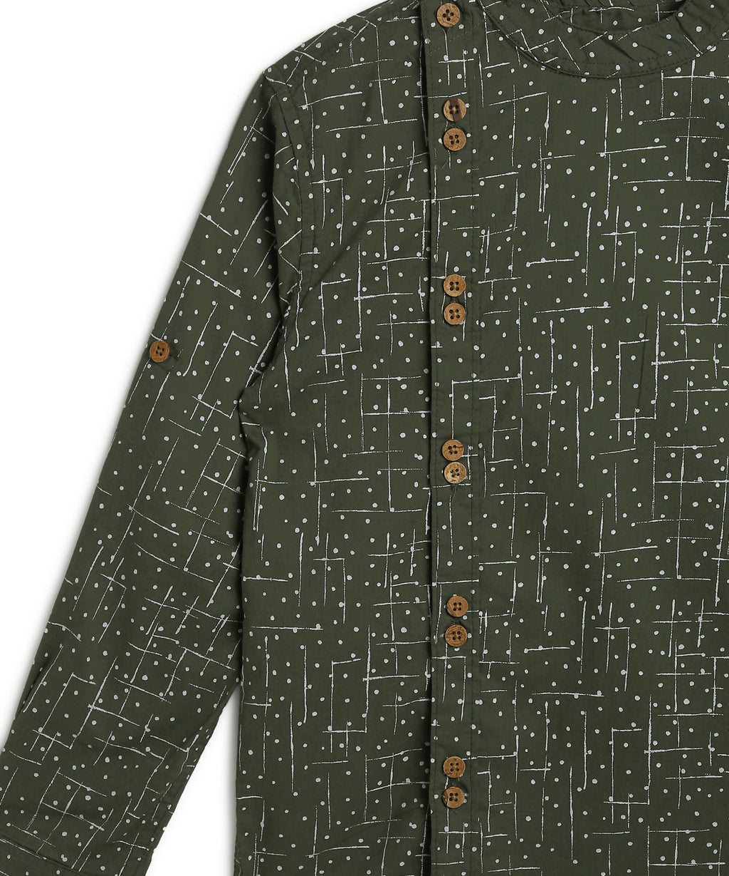 Manet Boys Full Sleeves Dot Printed Ethnic Shirt - Olive Green | Grocsy