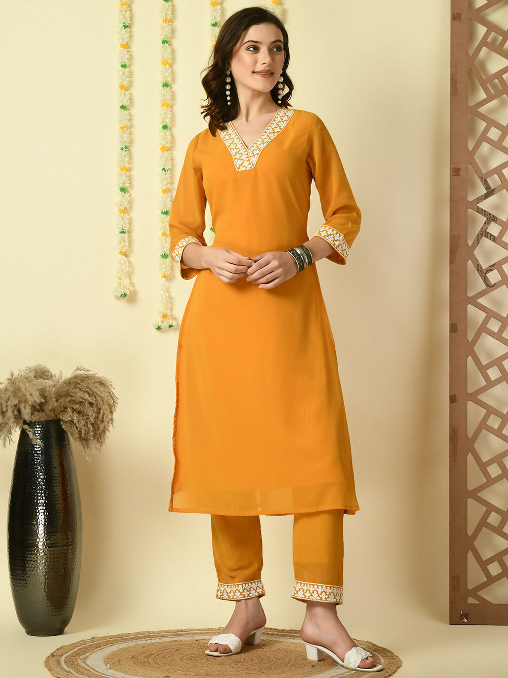 Myshka Women's Mustard Georgette Kurta With Trousers Party Sets | Grocsy