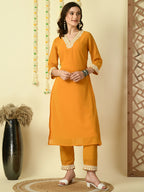 Myshka Women's Mustard Georgette Kurta With Trousers Party Sets | Grocsy