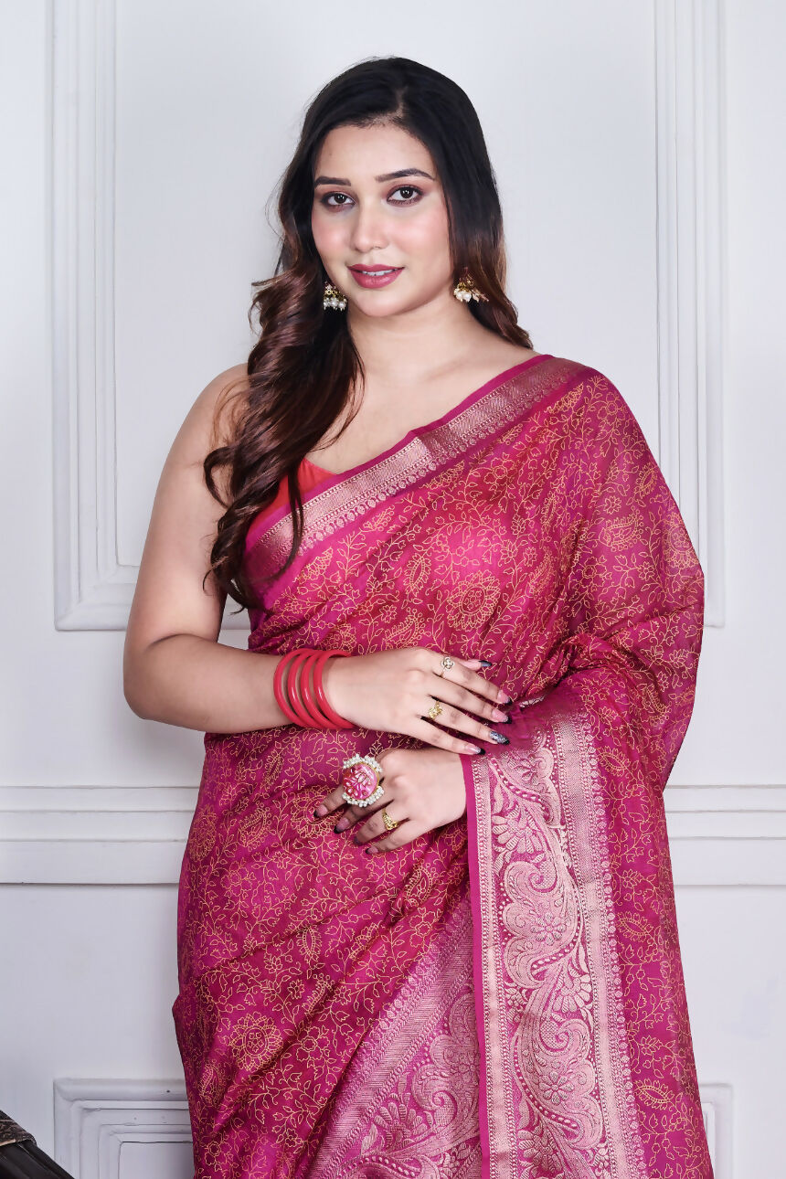 Morchari Pink Script Printed Orzanga Saree Unstitched Blouse | Grocsy
