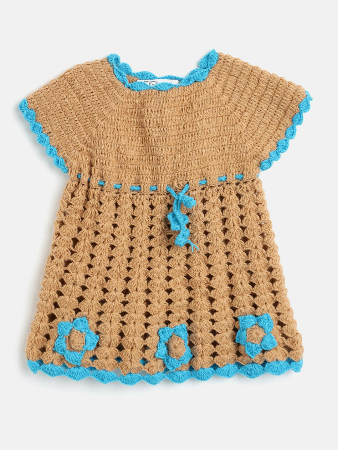 Chutput Kids Woollen Hand Knitted Full Sleeves Cardigan With Short Sleeves Flower Work Dress For Baby Girls - Blue | Grocsy