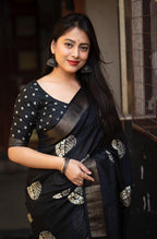 Black Cotton Crepe Batik Print Saree with Unstitched Blouse - Hiral Fashion | Grocsy