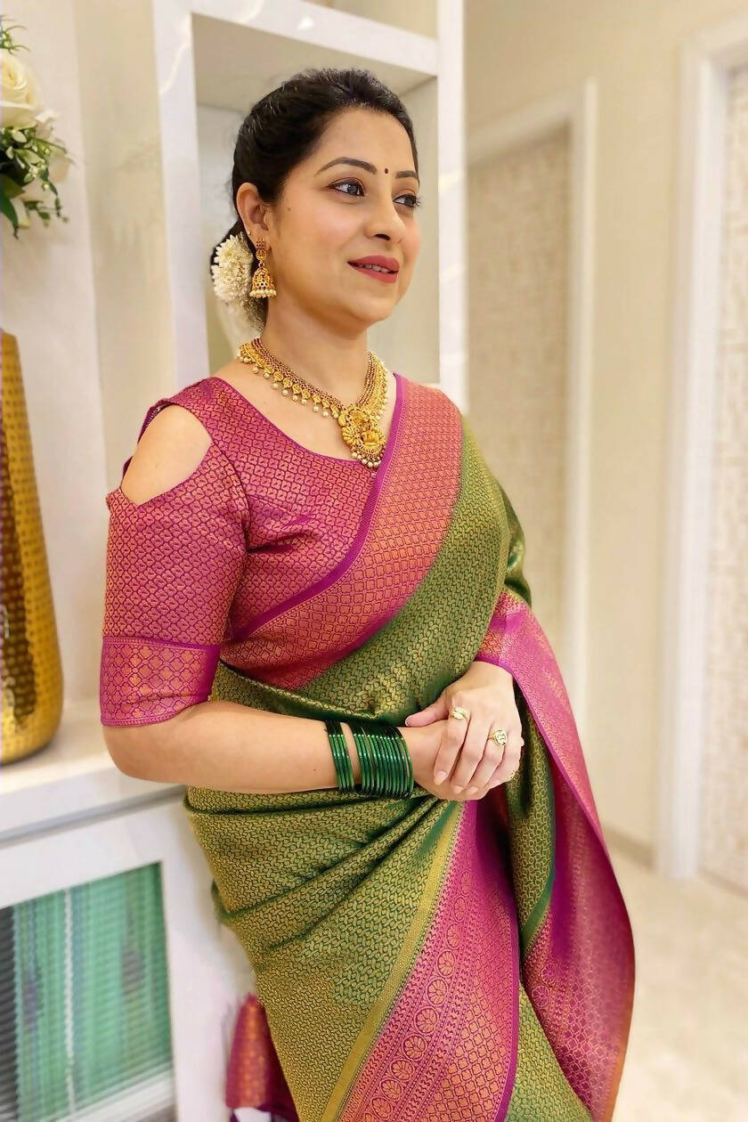 DEIANA'S Beautiful Designer Golden zari Soft Lichi Silk Saree - Mehndi | Grocsy