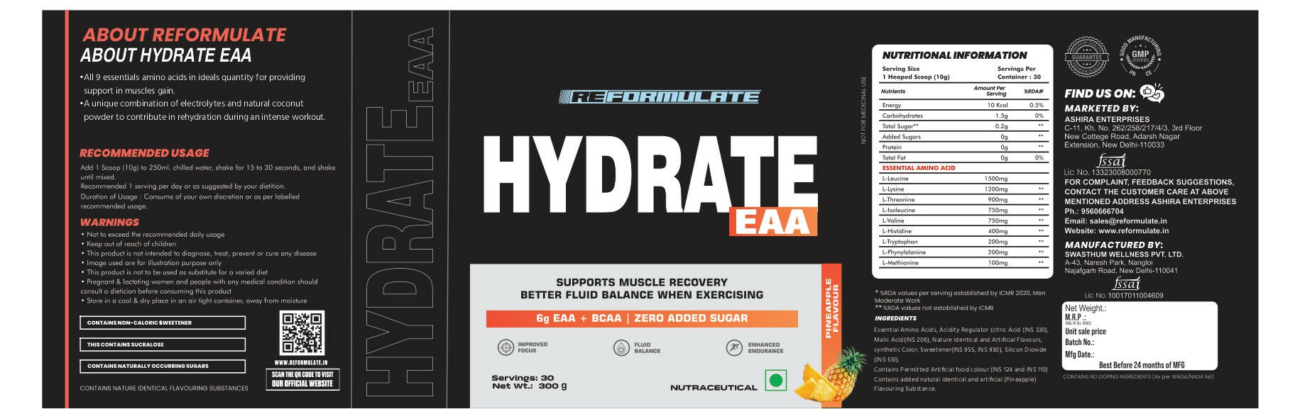 Reformulate Hydrate EAA I Supports Muscle Recovery | Zero Added Sugar | Improved Focus I Fluid Balance - Pine Apple | Grocsy
