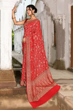 Joban Fashion Red Crepe Chiffon Banarasi Pure Handloom Banarasi Silk Saree | Grocsy