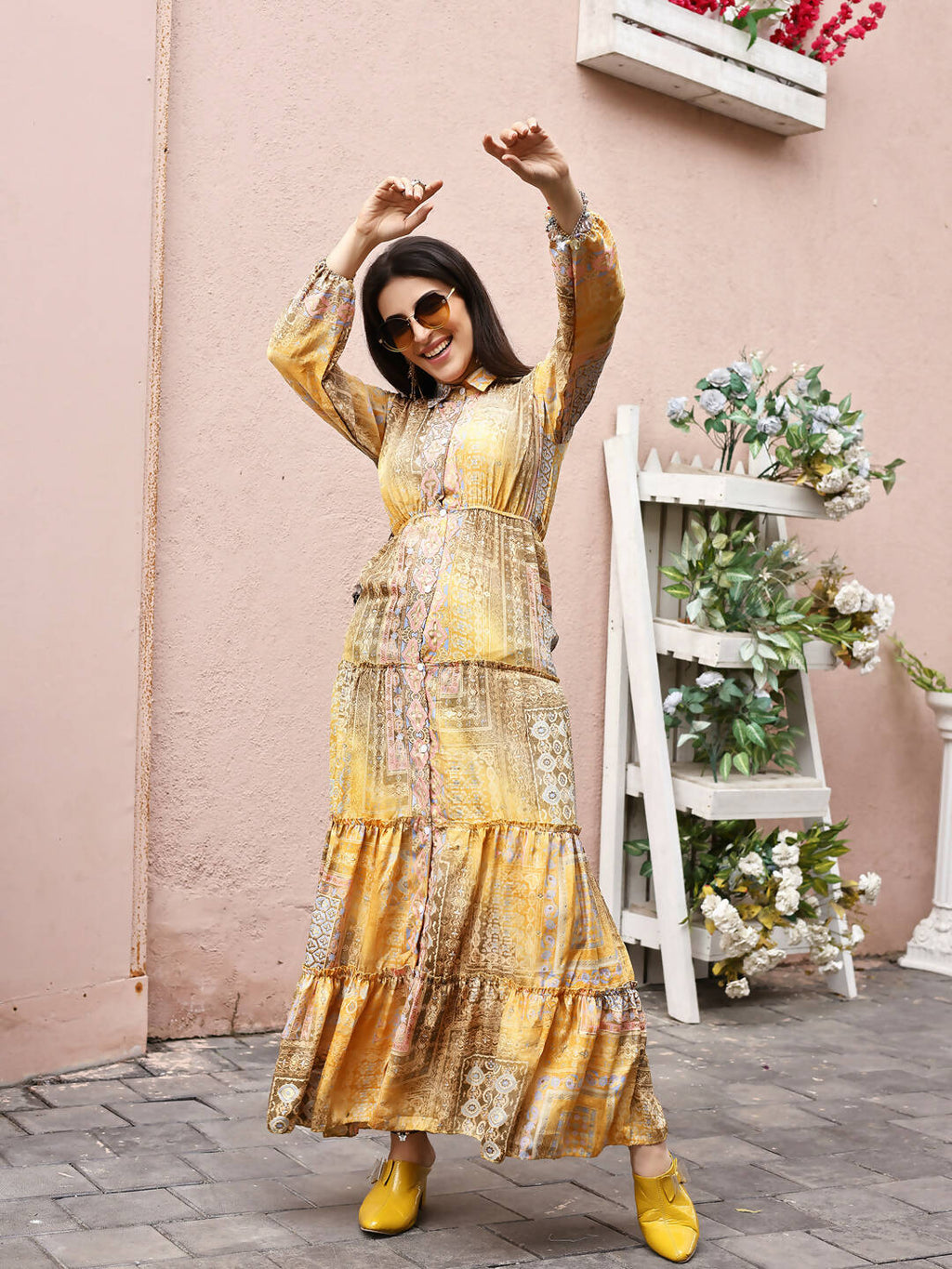 Mustard Crepe Foil Printed Long Dress - Michan | Grocsy