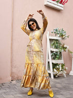 Mustard Crepe Foil Printed Long Dress - Michan | Grocsy