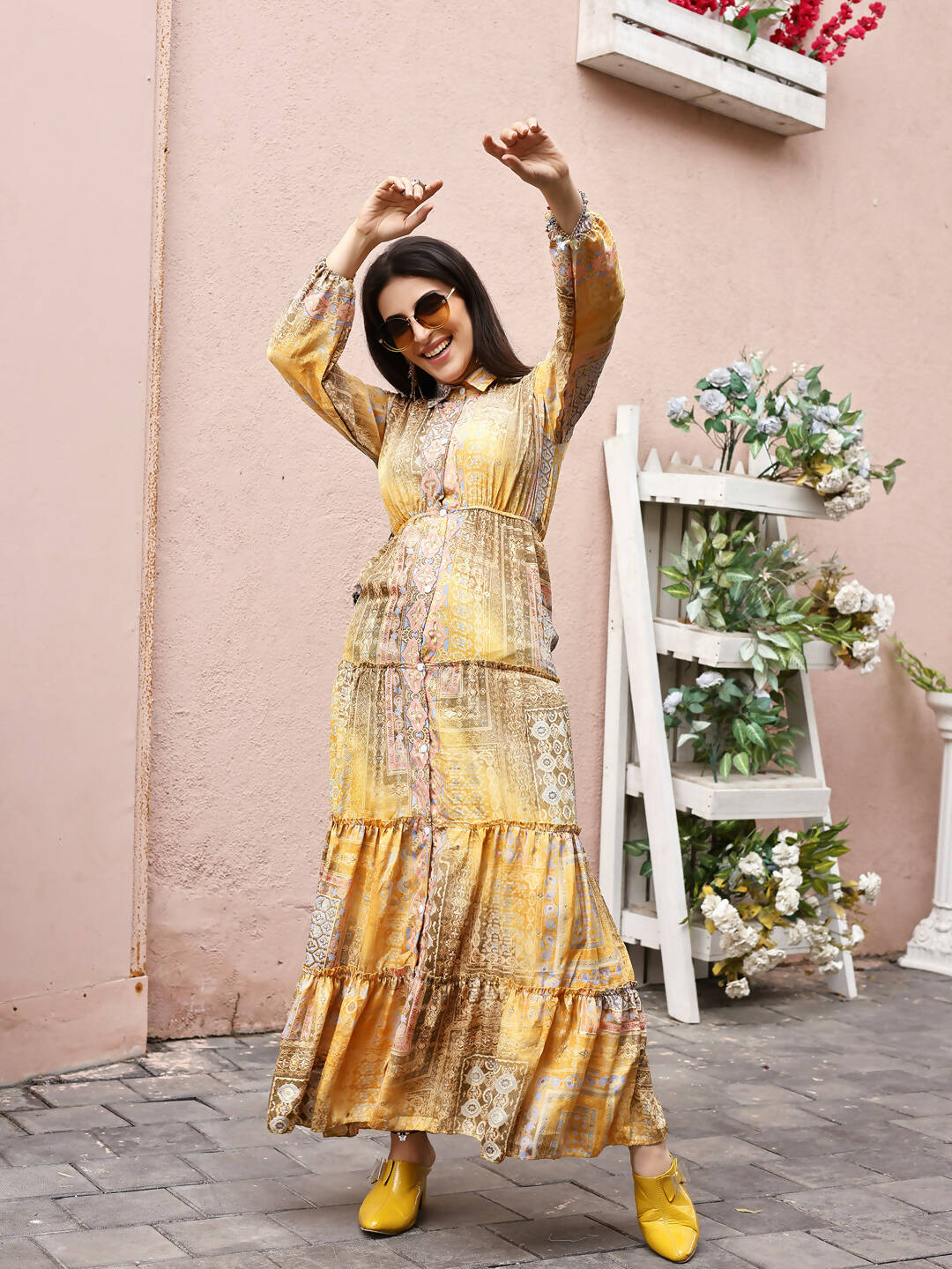 Mustard Crepe Foil Printed Long Dress - Michan | Grocsy