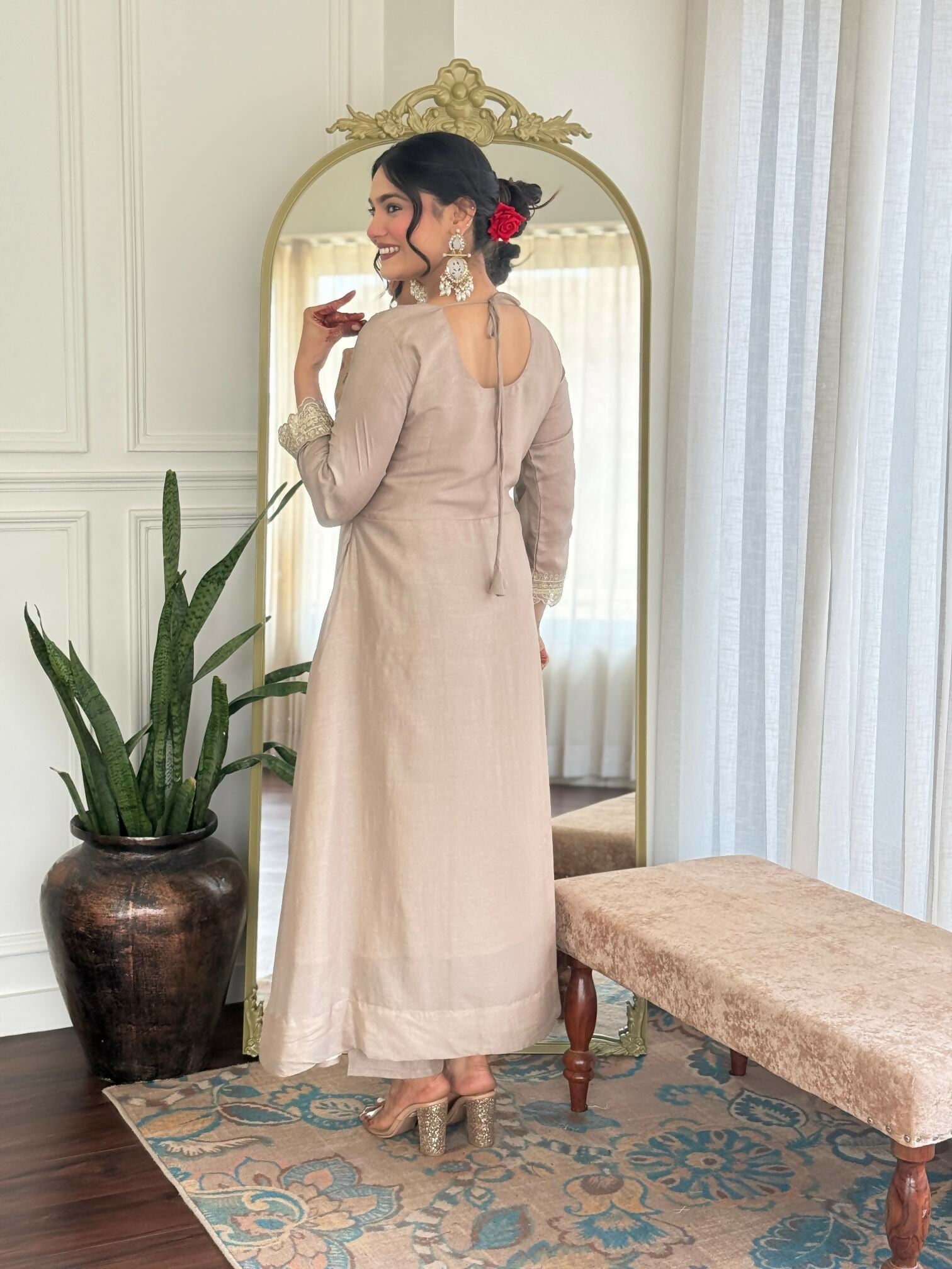 The52 CreamWomen's Gorgeous Vichitra Silk Fabric Embroidered Work Flared Anarkali Pant and Dupatta Set | Grocsy