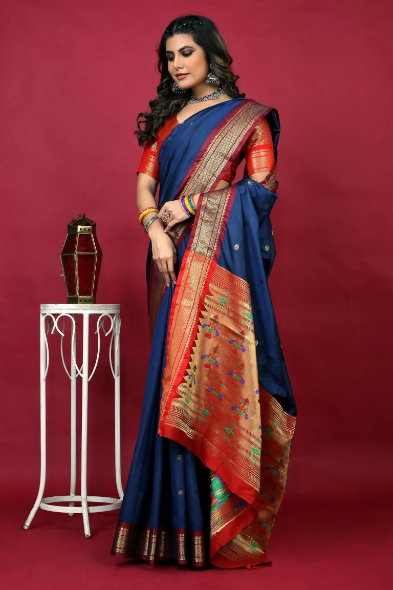 Jyoti Fashion Women's Navy Blue Paithani Silk Zari Woven Saree with Blouse | Grocsy