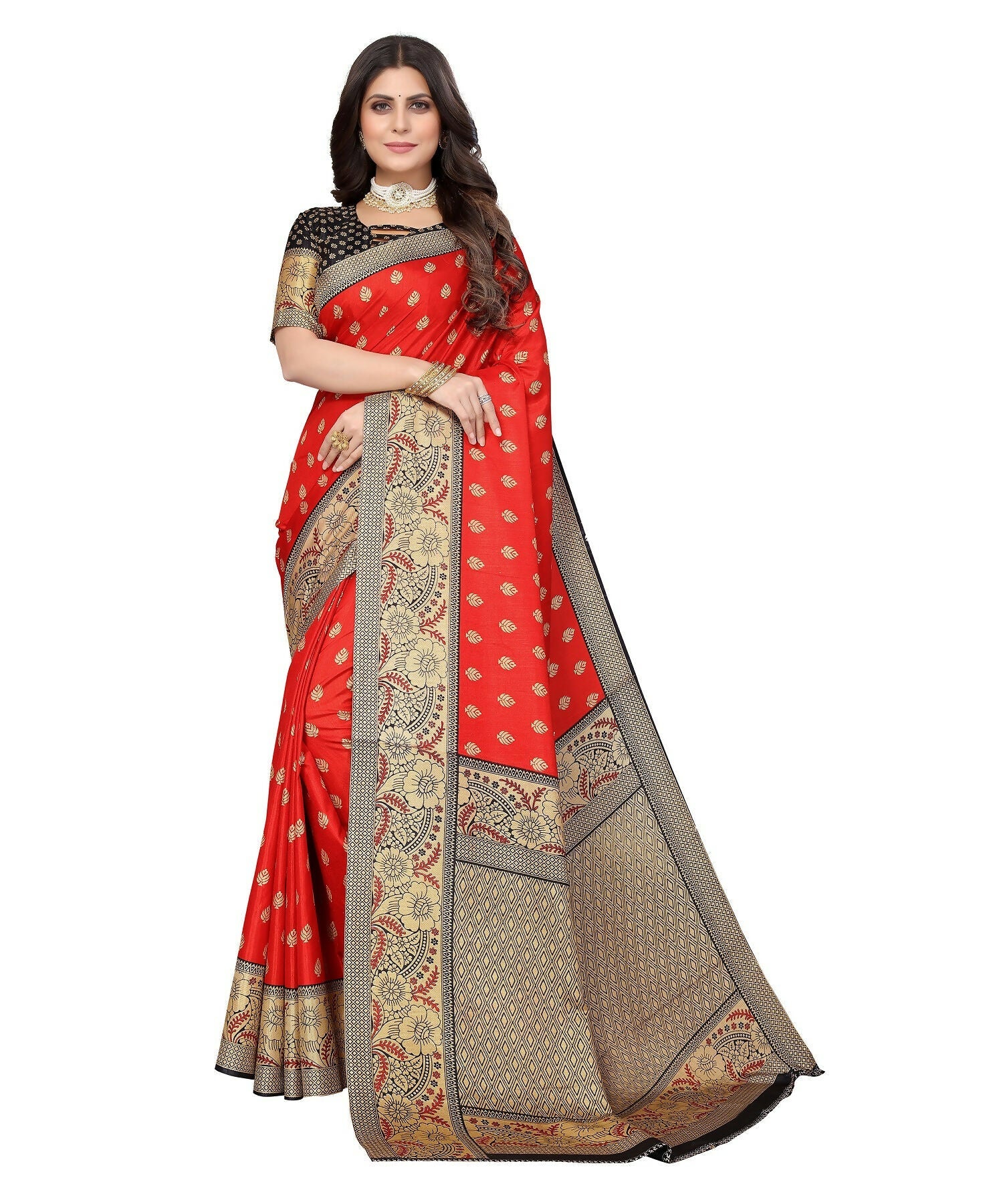 Vamika Red Printed Art Silk Saree | Grocsy