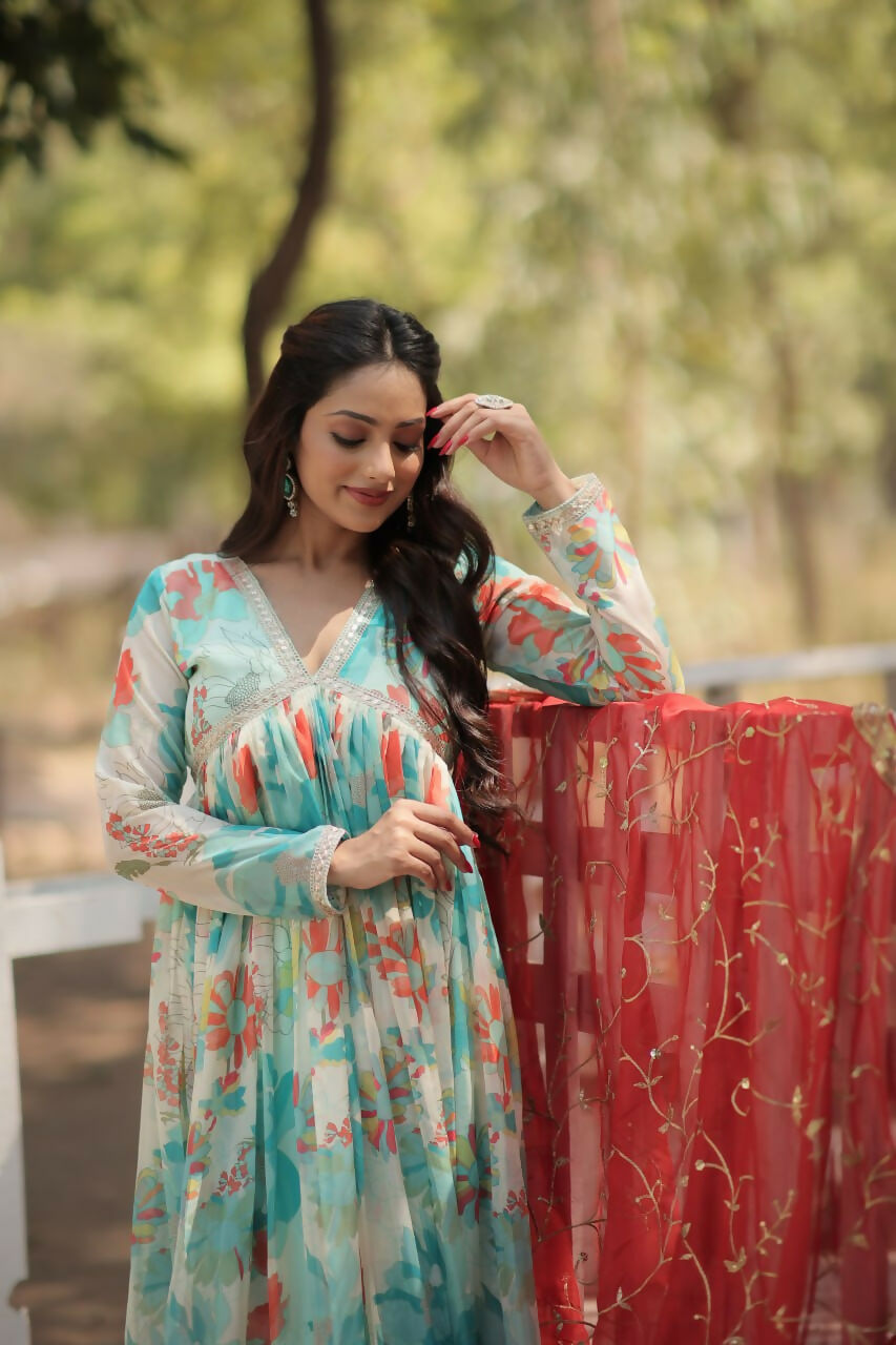 Vastranavya Digital Printed Russian silk & Stitch Canvas Patta Gown with Dupatta - Sky Blue | Grocsy