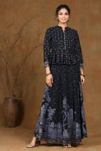 Juniper Women Black Georgette Printed Flared Lehenga Choli Sets | Grocsy