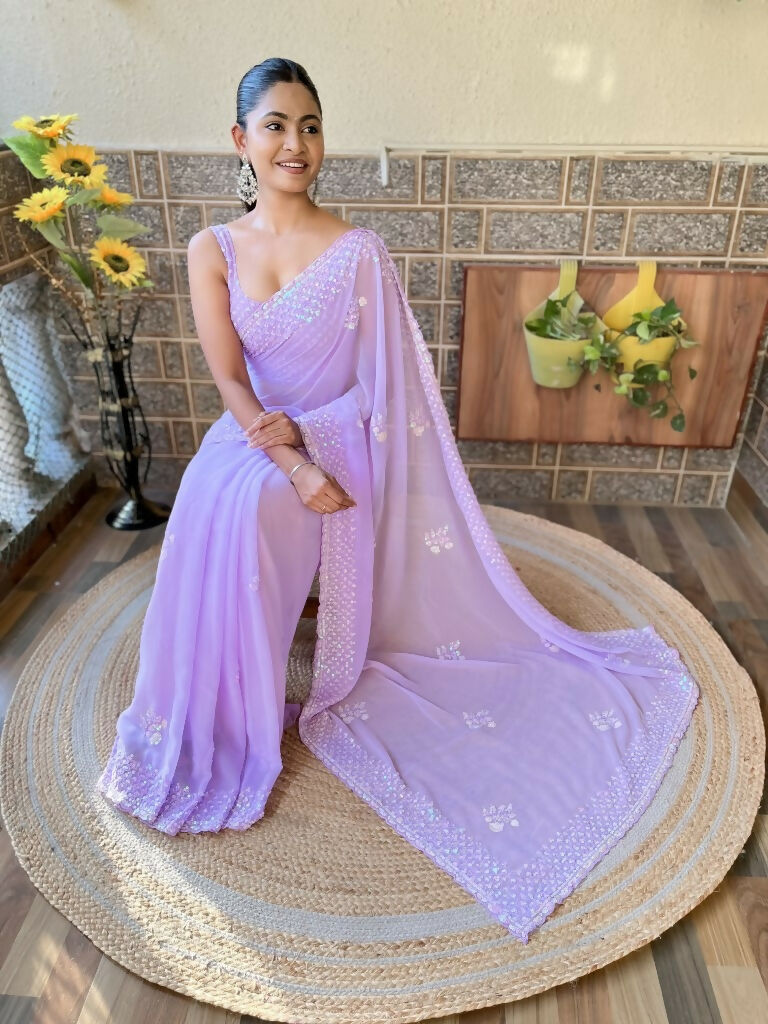 Lavender Georgette Sequence Embroidery Cut Work Saree - Saadia | Grocsy