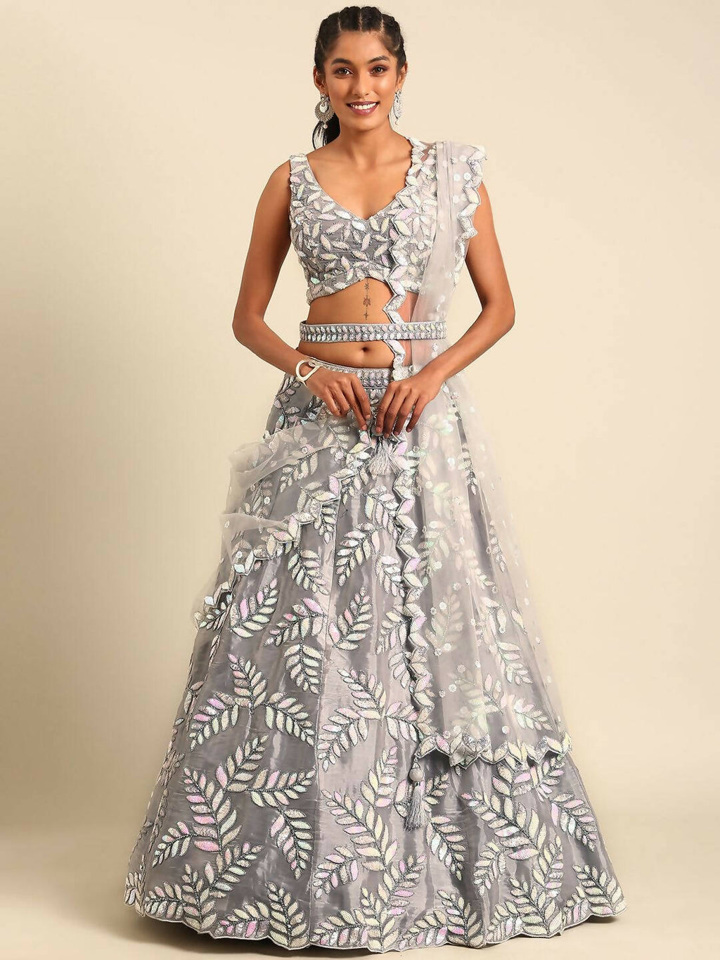 House of Panchhi Grey Organza Sequins & Zarkan embroidery Lehenga choli & Dupatta | Grocsy