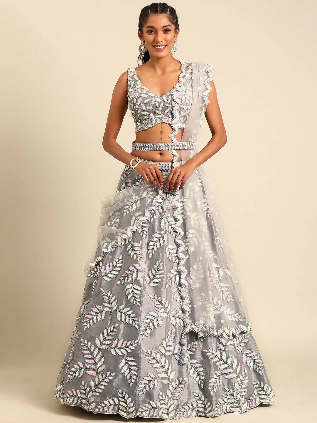 House of Panchhi Grey Organza Sequins & Zarkan embroidery Lehenga choli & Dupatta | Grocsy
