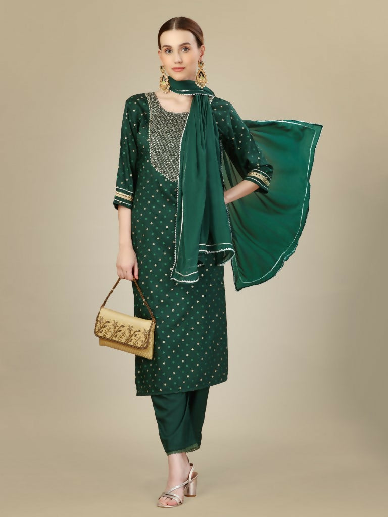 Jyoti Fashion Women's Dark Green Silk Blend Embroidery & Sequence work Kurta with Trouser & Dupatta | Grocsy