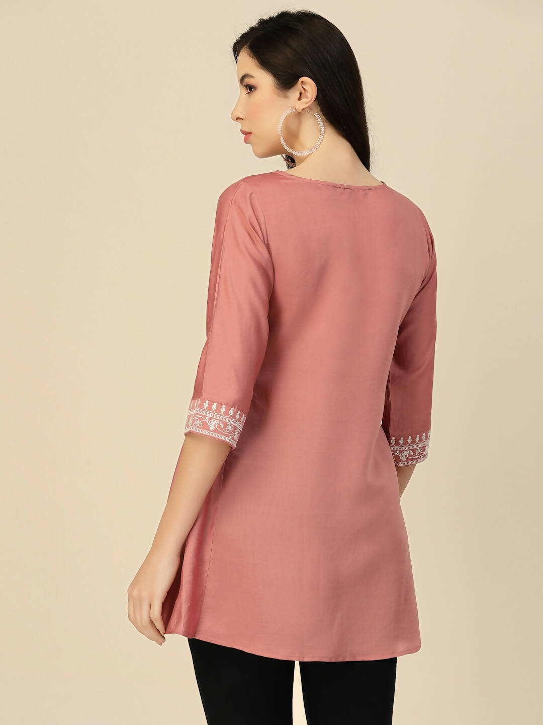 Peach Chinon Slub Floral Embroidered Top - Zeny | Grocsy