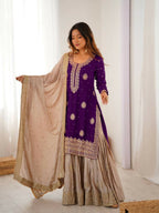 Lehenga Mart Designer Sharara Suit With Kurta, Sharara, Dupatta For Women-Purple | Grocsy