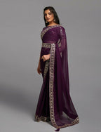 PR Fashion Wine Zometo Embroidery Lace Saree | Grocsy