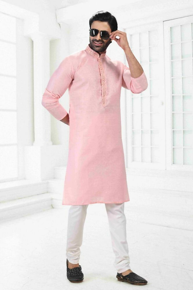 Raivat Ethnic Linen Cotton Thread Work Kurta Pajama In Pink Colour | Grocsy